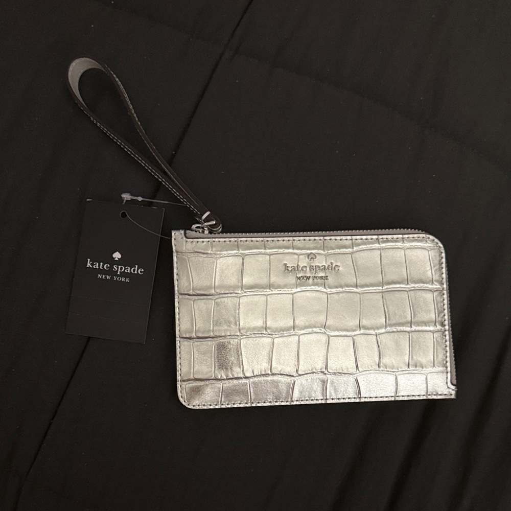 kate spade Silver Metallic Croc-Embossed Wristlet with Strap
